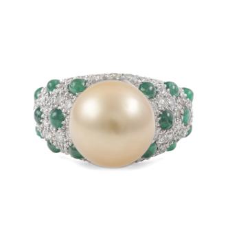 11.4mm South Sea Pearl, Emerald Diamond Ring